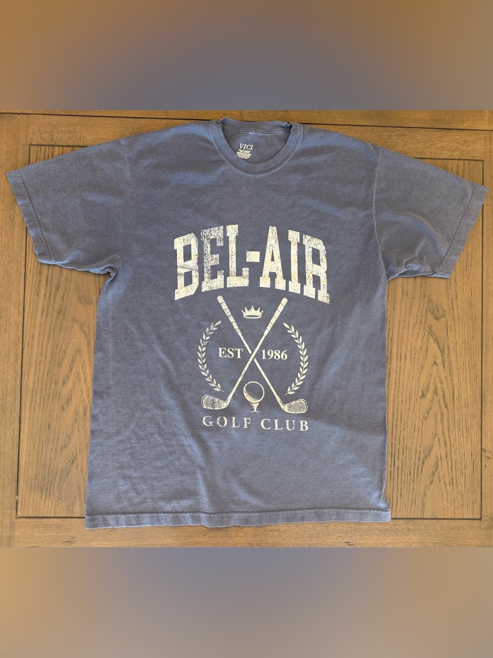VICI Women’s Short Sleeve Tee in Blue with White Bel-Air Golf Club Graphic